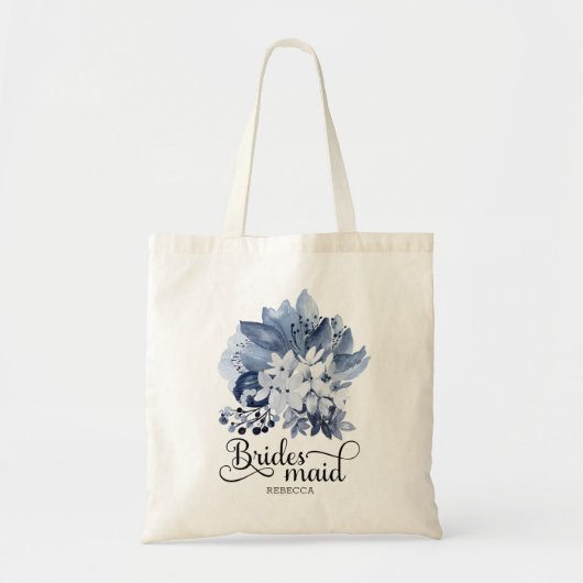 Tote Bag Fleurs bleues Dusty Calligraphie Bridesmaid Person (Devant)