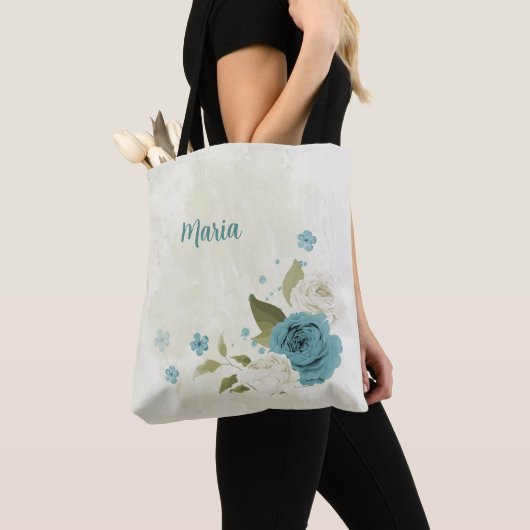 Tote Bag fleurs bleues et blanches (De près)