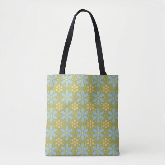 Tote Bag Fleurs bleues et jaunes Abstraites rétro sur vert (Devant)