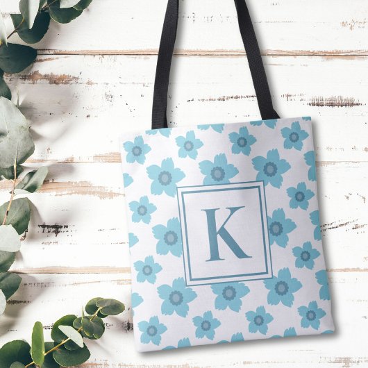 Tote Bag Fleurs bleues Monogramme initial