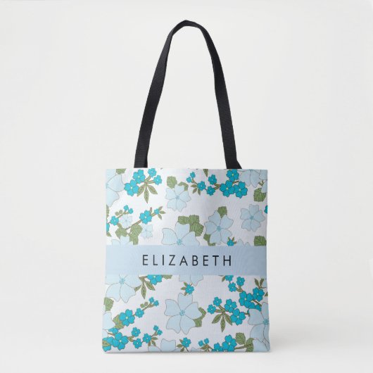 Tote Bag Fleurs Bleues, Motif De Fleurs, Votre Nom (Devant)