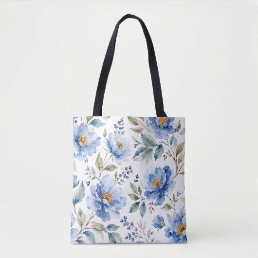 Tote Bag Fleurs Bleues Romantiques (Devant)
