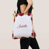 Tote Bag fleurs bordeaux et feuilles dorées blanches (De près)