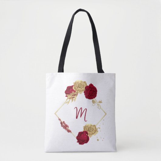 Tote Bag fleurs bordeaux et feuilles dorées blanches (Devant)