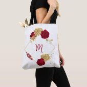 Tote Bag fleurs bordeaux et feuilles dorées blanches (De près)