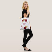 Tote Bag fleurs bordeaux et feuilles dorées blanches (Sur le modèle)