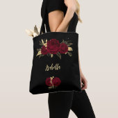 Tote Bag fleurs bordeaux or feuille noir (De près)