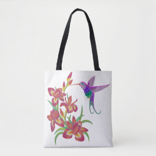 Tote Bag Fleurs brodées de colibri et d'iris