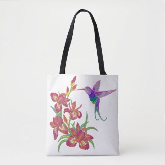 Tote Bag Fleurs brodées de colibri et d'iris