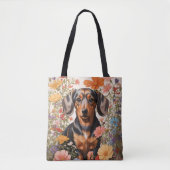 Tote Bag Fleurs Brown De Dachshund Et Cosmos (Devant)