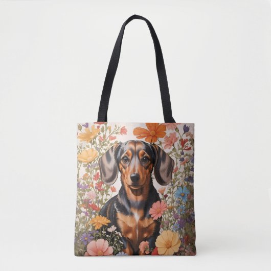 Tote Bag Fleurs Brown De Dachshund Et Cosmos (Devant)