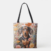 Tote Bag Fleurs Brown De Dachshund Et Cosmos (Dos)