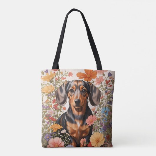 Tote Bag Fleurs Brown De Dachshund Et Cosmos (Dos)