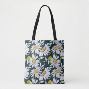 Tote Bag Fleurs chamomiles : Aquarelle bleu foncé.