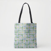 Tote Bag Fleurs chamomiles blanches sur à damiers bleu vert (Devant)