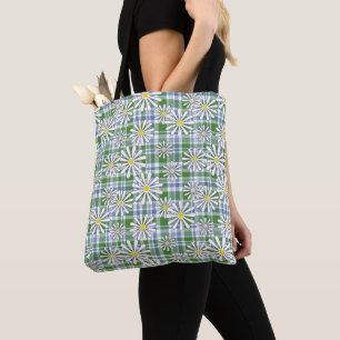 Tote Bag Fleurs chamomiles blanches sur à damiers bleu vert