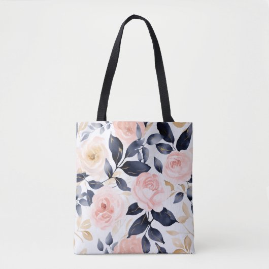 Tote Bag Fleurs Chic Bleu Rose (Devant)