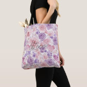 Tote Bag Fleurs Cœurs Rose Violet Rosé (De près)