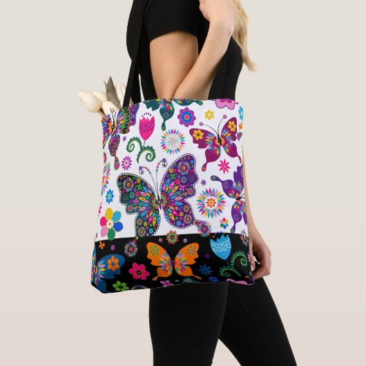 Tote Bag Fleurs colorées et papillons motif (De près)