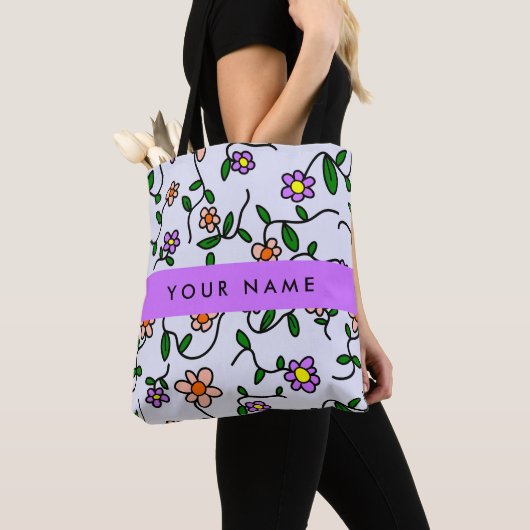 Tote Bag Fleurs Colorées, Fond Bleu, Violet (De près)