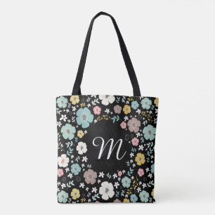 Tote Bag Fleurs colorées Motif & Cadre Avec Monogramme