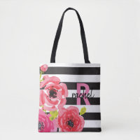 Fleurs d'aquarelle rose et rayures Monogrammes