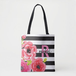 Tote Bag Fleurs d'aquarelle rose et rayures Monogrammes