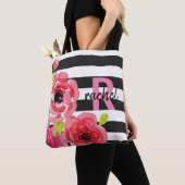 Tote Bag Fleurs d'aquarelle rose et rayures Monogrammes (De près)