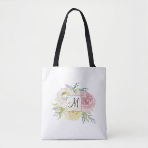 Tote Bag Fleurs d'aquarelle rose monogramme
