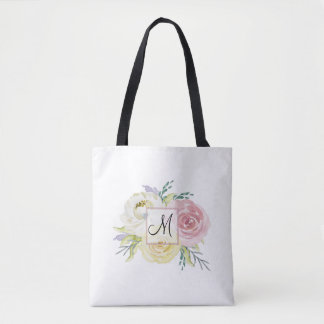 Tote Bag Fleurs d'aquarelle rose monogramme