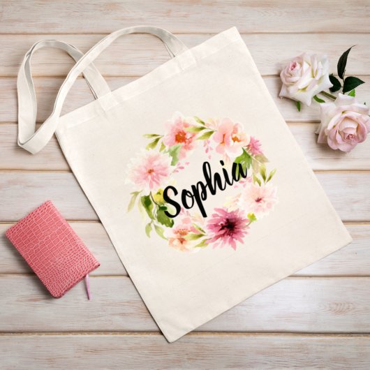 Tote Bag Fleurs d'aquarelle rose Nom de la servante