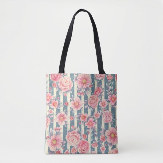 Tote Bag Fleurs d'aquarelle rose sur bandes (Devant)