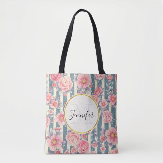 Tote Bag Fleurs d'aquarelle rose sur bandes Monogramme (Devant)