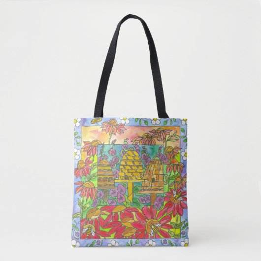Tote Bag Fleurs d'aquarelle rouge Abeille de miel Skeps (Devant)