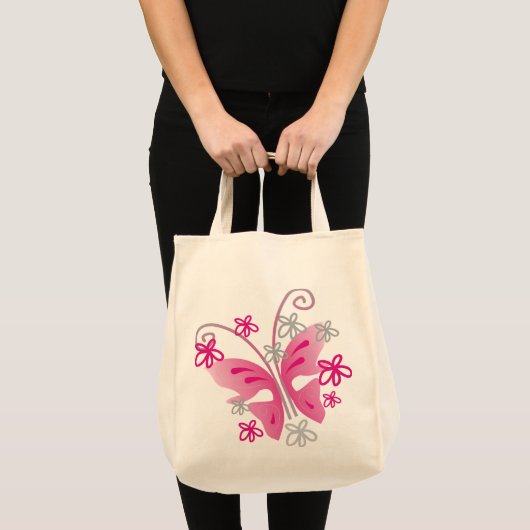 Tote Bag Fleurs d'argent mignonnes Papillon rose (Devant (produit))