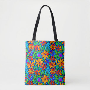 Tote Bag Fleurs d'art populaire colorées vives