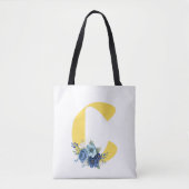 Tote Bag Fleurs de Bleu Poussiéreux Monogramme Initiale Jau (Devant)