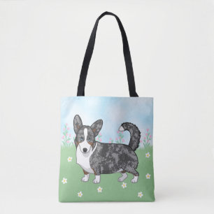 Tote Bag Fleurs de Corgi gallois bleu de Merle Cardigan