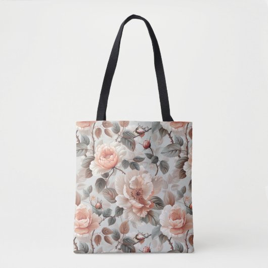 Tote Bag Fleurs de crème avec feuilles gris sur un gris cla (Devant)