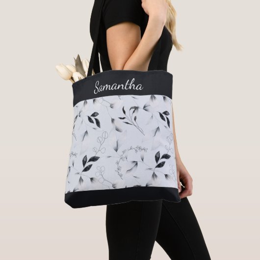 Tote Bag Fleurs de feuilles noir blanc argent gris Monogram (De près)