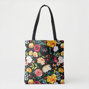 Tote Bag Fleurs de jardin anglais coloré monogrammes motif