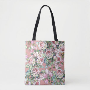 Tote Bag Fleurs de jardin rose avec tulipes peintes en wate