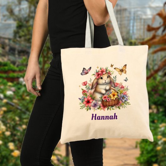 Tote Bag Fleurs de lapin de Pâques mignonnes Nom personnali