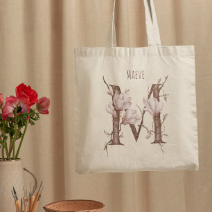 Tote Bag Fleurs de Magnolia délicates Monogramme 'M' Nom pe