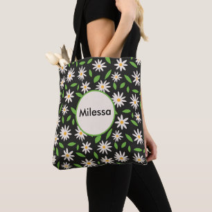 Tote Bag Fleurs de marguerite rétro sur Black Custom Name