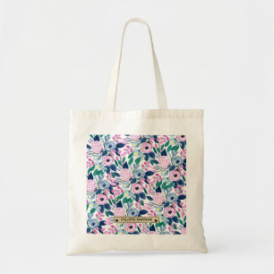 Tote Bag Fleurs de marine rose douce Aquarelle or Monogramm