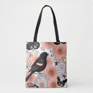 Tote Bag Fleurs de pêche et de charbon de bois, Robin et Pa