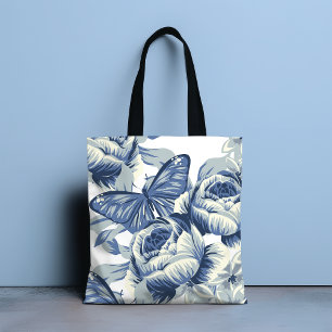 Tote Bag Fleurs de pivoines bleues Vintages de style botani
