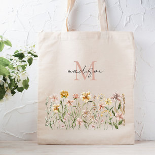 Tote Bag Fleurs de prairie sauvage à aquarelle monogrammée