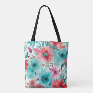 Tote Bag Fleurs de printemps à l'aquarelle bleu turquoise r